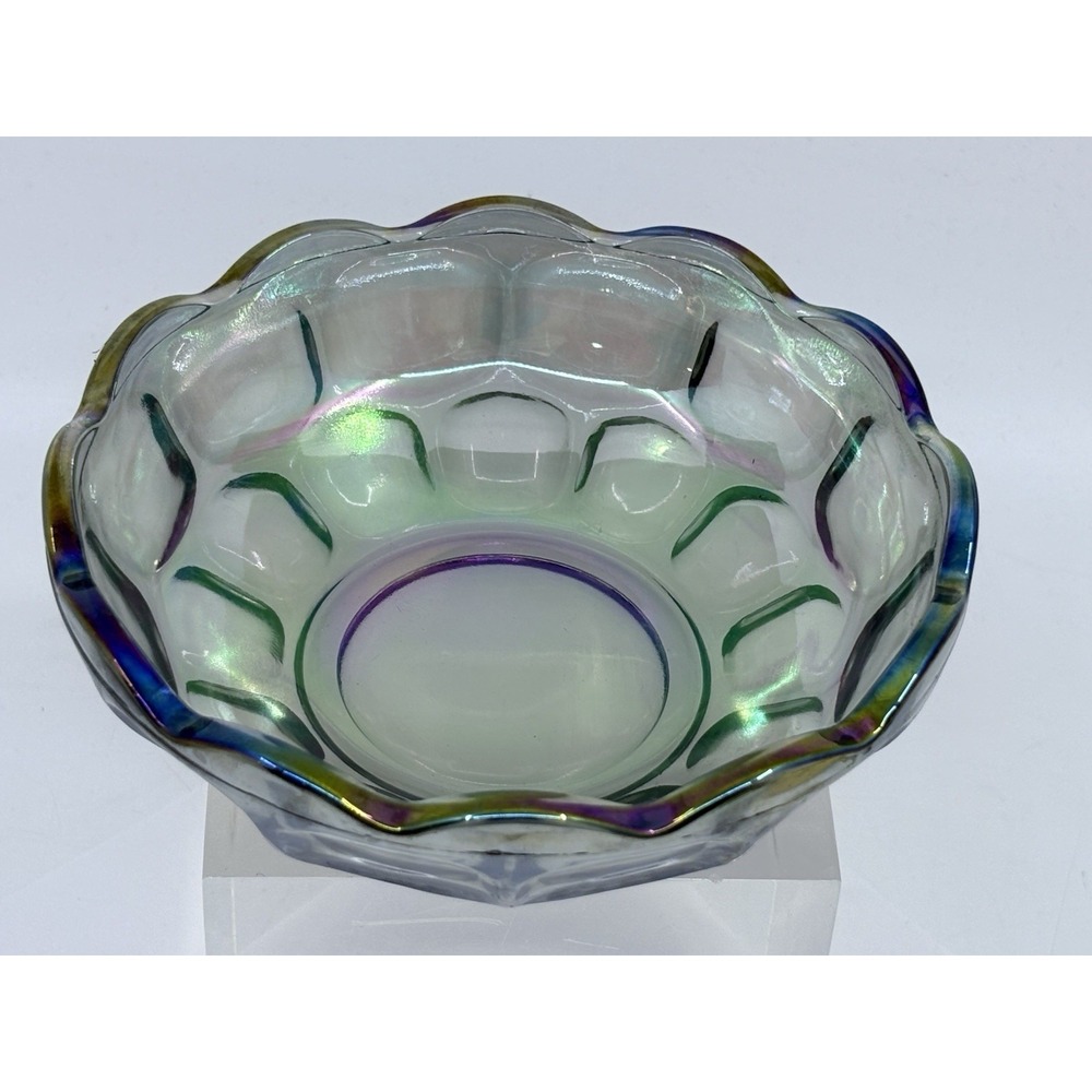 Vintage Federal Glass Iridescent Colonial Smokey Carnival Paneled Bowl 5.5"